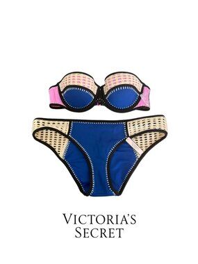 Victoria’s Secret Flirt Bandeau Bikini Set 36B Cream Crochet Blue Bottom NWT